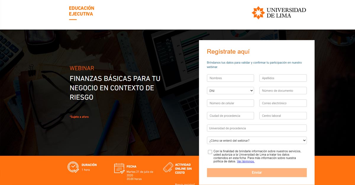 Inscripciones Webinar U de Lima. Finanzas para negocios en contexto de crisis