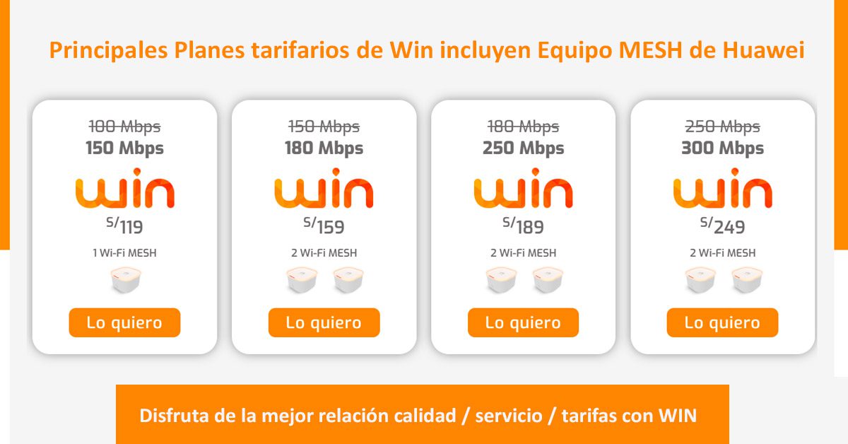 Internet de fibra óptica para hogares y condominios 2 Principales tarifas WIN Internet ilimitado fibra óptica