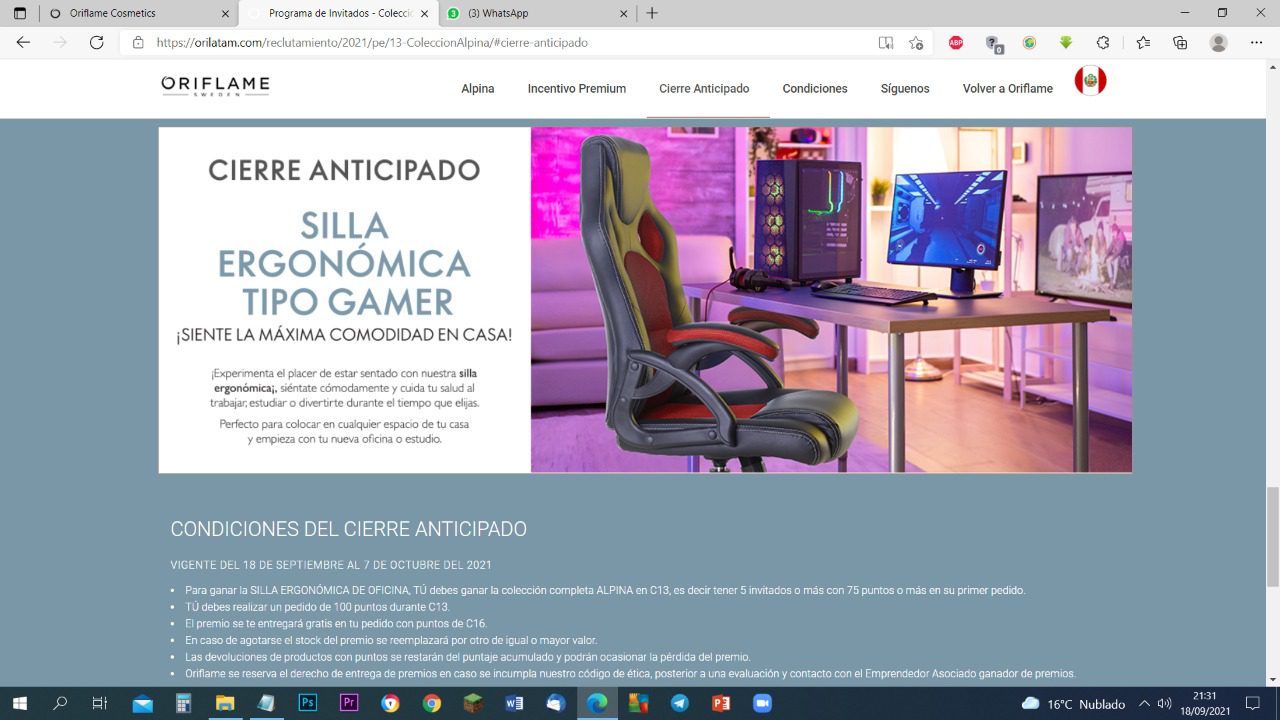 Silla ergonómica tipo gamer por ganar toda la colección alpina en Oriflame