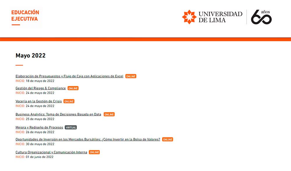 Programa de Cursos de Educación Ejecutiva Universidad de Lima Mayo 2022