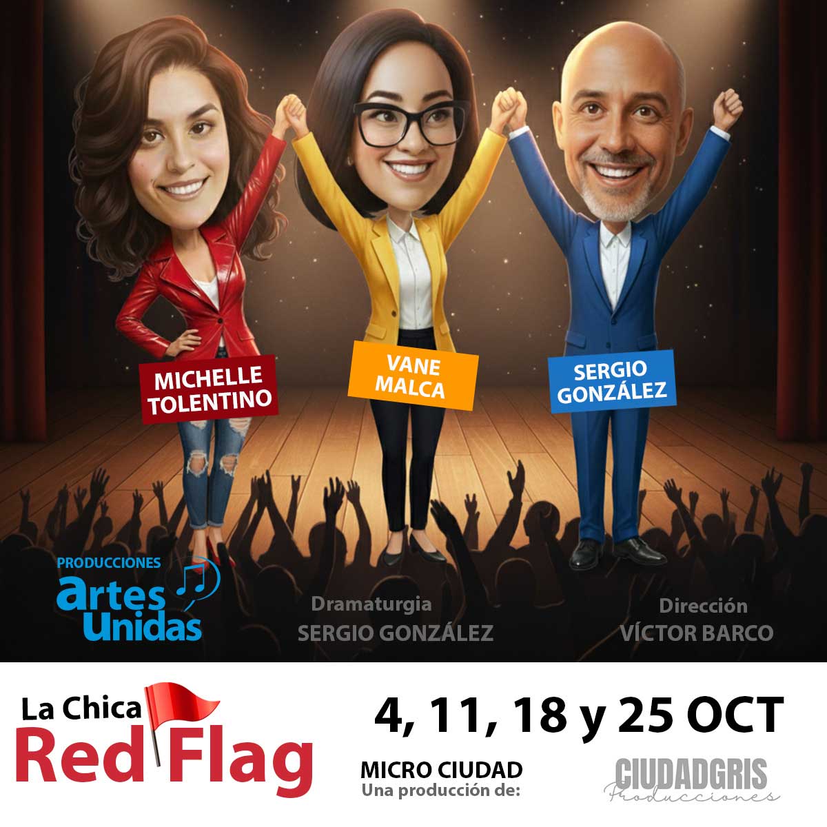 Diseño con IA para obras de teatro de Artes Unidas 2 Chica Red Flag campaña de lanzamiento "Saludo Teatral"