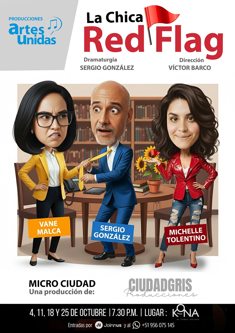 Diseño con IA para obras de teatro de Artes Unidas 4 Flyer oficial de "La Chica Red Flag" Producciones ArtesUnidas.com