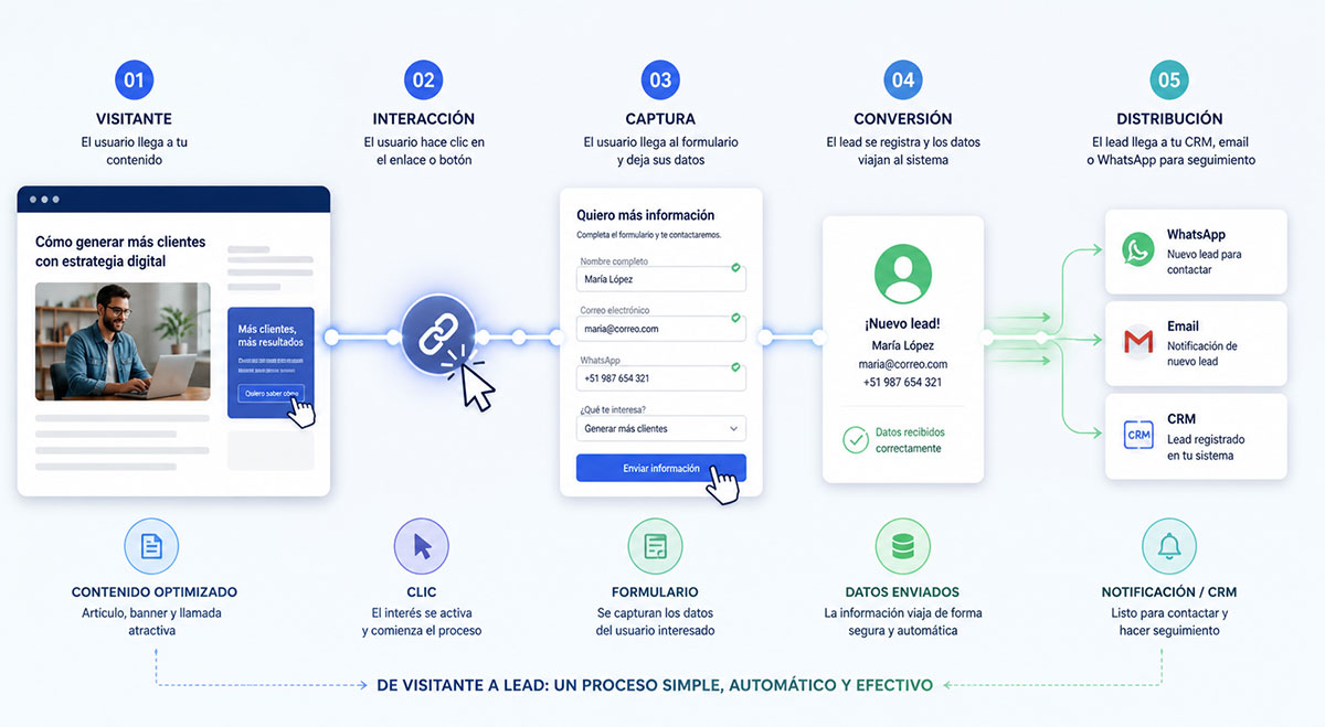 Proceso de generación de leads a través de la red de contenidos y publicaciones de Overflow Emprende